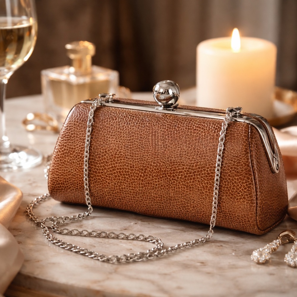 Bijoux Terner Textured Clutch Kiss Lock Chain Strap Brown Evening Bag